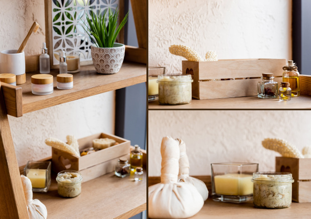 collage de bolsas de hierbas, esponja, cepillo de dientes, velas, recipientes y botellas cerca de la planta verde en maceta
  - Foto, imagen