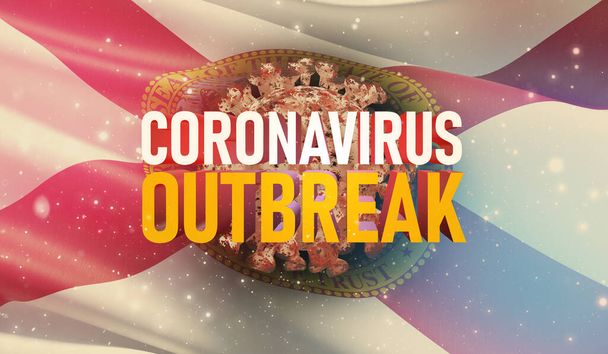 Coronavirus COVID-19 conceito de surto, fundo com bandeiras dos estados dos EUA. Bandeira do Estado da Flórida. Parada pandêmica Romance Surto de coronavírus covid-19 ilustração 3D
. - Foto, Imagem