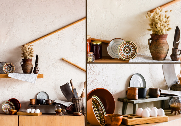 Collage aus Kätzchen in Tonkrug in der Nähe von Schüsseln, Tassen, Messern und rohen Eiern in der Küche  - Foto, Bild