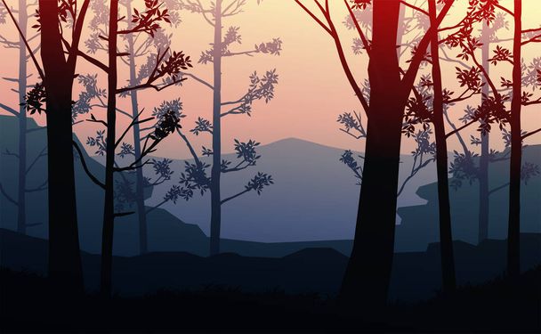 Natuurlijke bos bergen horizon heuvels silhouetten van bomen. Zonsopkomst en zonsondergang. Landschap behang. Illustratie vector stijl. Kleurrijke achtergrond. - Vector, afbeelding