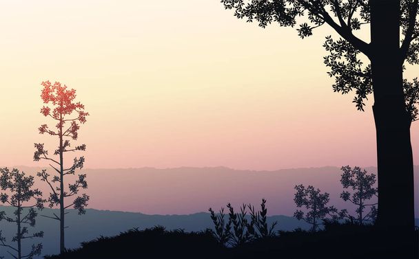 木々の自然の森の山の地平線の丘のシルエット。日の出と日の入り。風景壁紙。イラストベクトルスタイル。カラフルな景色の背景. - ベクター画像