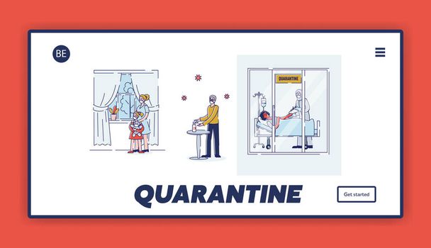 Quarantine During Coronavirus Epidemic Concept. Website Landing Page. People Self Isolation During Quarantine. Doctor Vaccinate Sick Patient. Web Page Cartoon Linear Outline Flat Vector Illustration - Vektor, kép
