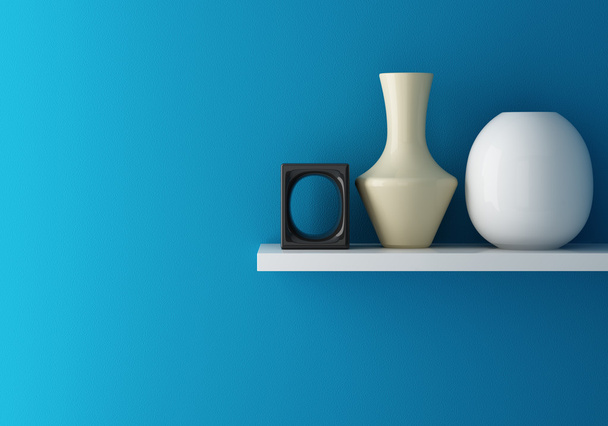 Interior of blue wall and ceramic on shelf decorated, 3d renderi - 写真・画像
