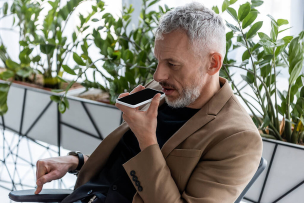 bearded businessman recording voice message near green plants in office  - Photo, Image