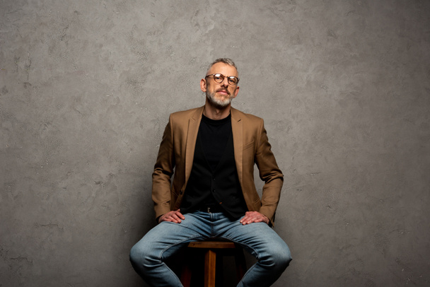 hombre de negocios barbudo en gafas mirando a la cámara y sentado en gris
  - Foto, imagen