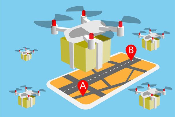 serviço de entrega de drones. home food delivery quadrocopter and city map with pin geo position
 - Foto, Imagem