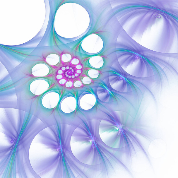 Delikler renkli bir arkaplanda spiral şeklinde dizilmiş. Mor radyal ışınlar çeşitli noktalardan gelir. Soyut fraktal bilgisayar oluşturulmuş arkaplan. - Fotoğraf, Görsel