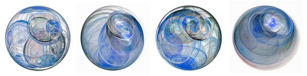 Набор прозрачных голубых шариков на белом фоне. Внутри шаров видна турбулентность воздуха, шары в движении. Фрактал 3D изображения, созданный на компьютере
. - Фото, изображение
