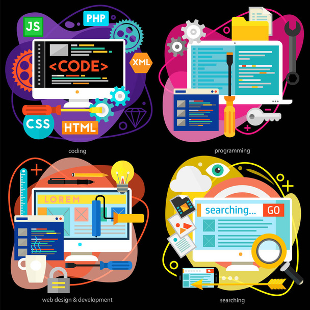Programmierung und Codierung, Scripting und Website-Entwicklung, Analytik und SEO-Konzepte. horizontale Banner - Vektor, Bild
