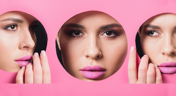 Collage of woman with smoky eyes and pink lips looking across hole and touching paper, panoramic shot - Foto, Imagen