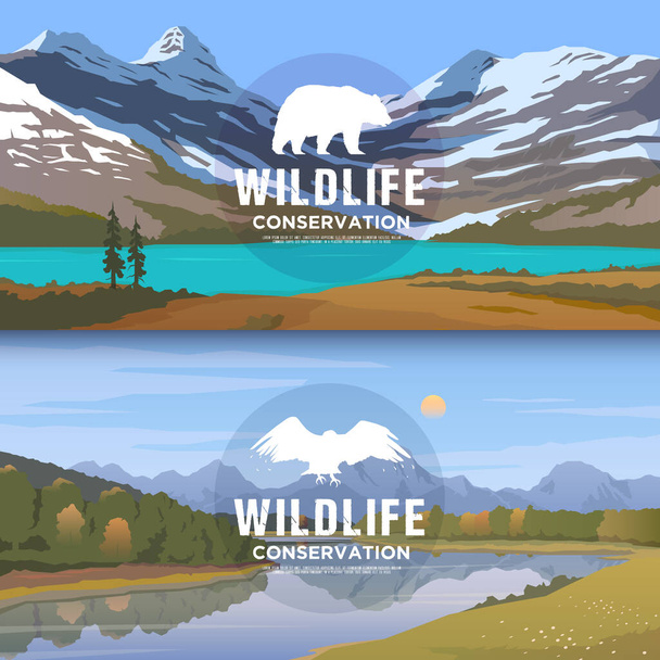 Vektor web bannerek témái a vadon élő állatok Amerikában, túlélés a vadonban, vadászat, kemping, utazás. Hegyi báránytáj. Vadon élő állatok védelme. - Vektor, kép