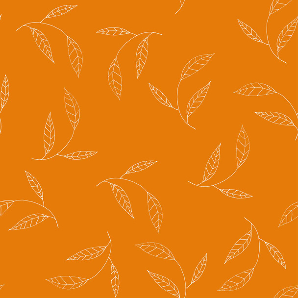 Vector tropical leave wallpaper. Modern abstract garden floral or botanical illustration on orange backdrop. White summer foliage, seamless pattern in hand drawn style  - Вектор,изображение