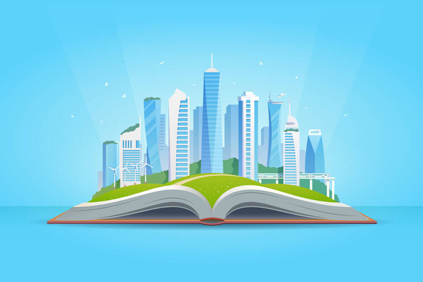 Akıllı şehirle açık kitap. Modern binalar. Yeşil şehir. - Vektör, Görsel