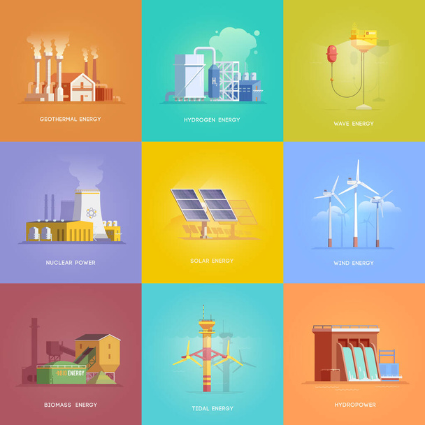 Conjunto de ilustraciones sobre los temas de energía alternativa, nuclear, hidroeléctrica, biomasa, marea, solar, eólica, geotérmica, hidrógeno y energía de las olas. ilustraciones vectoriales
 - Vector, imagen