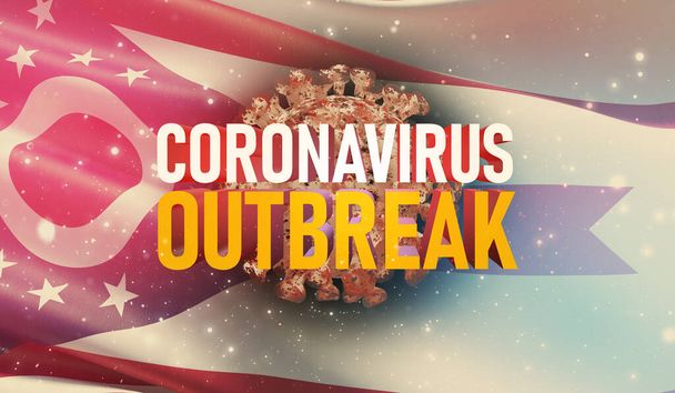 Coronavirus COVID-19 koncept ohniska, pozadí s vlajkami států USA. Stát vlajky Ohia. Pandemické zastavení epidemie koronaviru Novel covid-19 3D ilustrace. - Fotografie, Obrázek