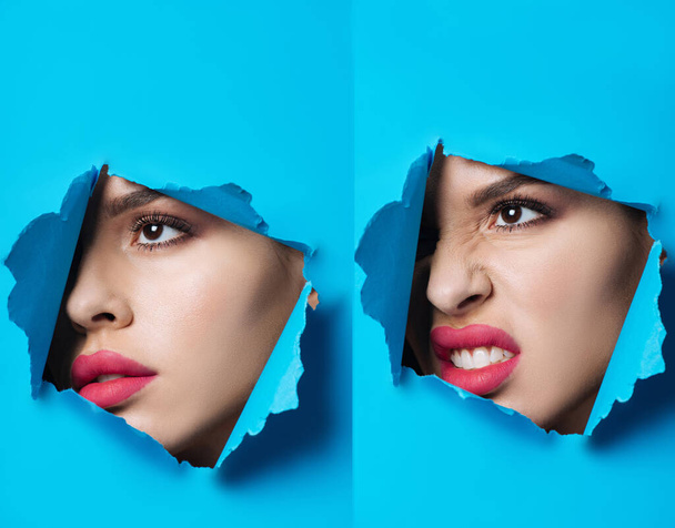 Collage de mujer agresiva con labios rosados mirando a través del agujero en papel azul
 - Foto, imagen