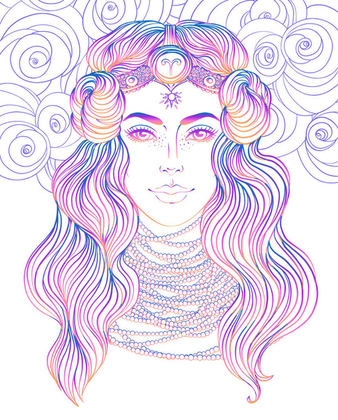 Illustration of Aries astrological sign as a beautiful girl. Zodiac vector gradient drawing isolated over white. Future telling, horoscope, alchemy, spirituality. - Vektor, obrázek