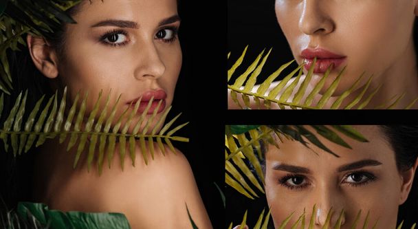Collage of beautiful woman looking at camera with fern leaves on black, panoramic shot - Zdjęcie, obraz