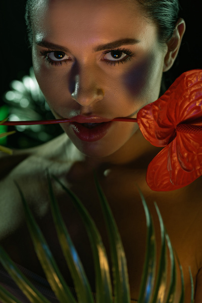 Woman with anthurium and green leaves looking at camera isolated on black - Фото, изображение