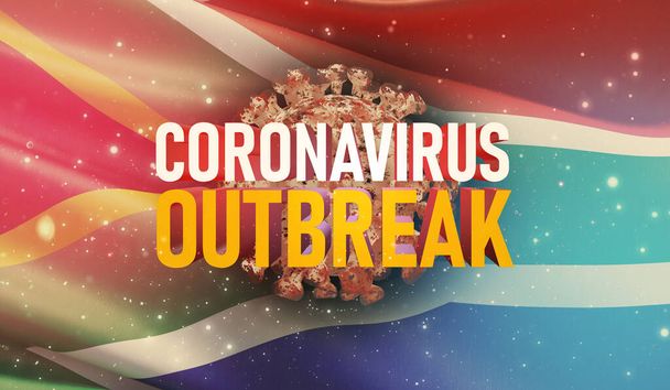 Coronavirus COVID-19 koncepce ohniska, zdraví ohrožující virus, pozadí mávající státní vlajkou Jižní Afriky. Pandemické zastavení epidemie koronaviru Novel covid-19 3D ilustrace. - Fotografie, Obrázek