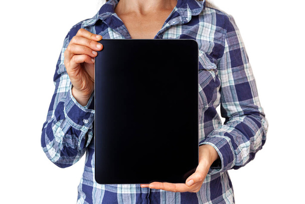 Woman holding black tablet with copy space - Fotó, kép