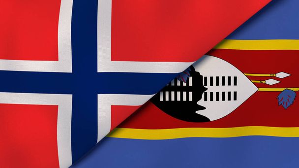 Norveç ve Eswatini 'nin iki bayrağı. Kaliteli bir iş geçmişi. 3d illüstrasyon - Fotoğraf, Görsel