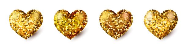 Set of surround realistic gold hearts with  shadow isolated on white background. Glitter texture effect. Mesh grid technology. Vector 3d illustration. - Вектор,изображение