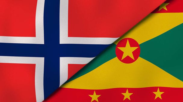 Dwie flagi stanowe Norwegii i Grenady. Wysokiej jakości doświadczenie biznesowe. Ilustracja 3D - Zdjęcie, obraz
