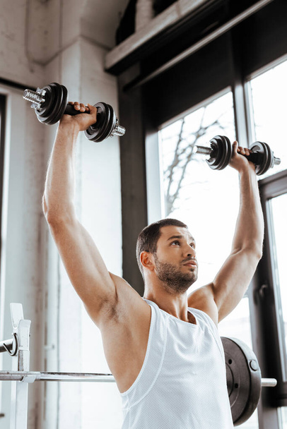 athletic sportsman holding dumbbells above head while exercising in gym   - Photo, Image