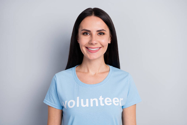 Close-up portrait of her she nice attractive lovely charming pretty cute cheerful girl volunteer earth global change charity organization isolated over grey pastel color background - Photo, image