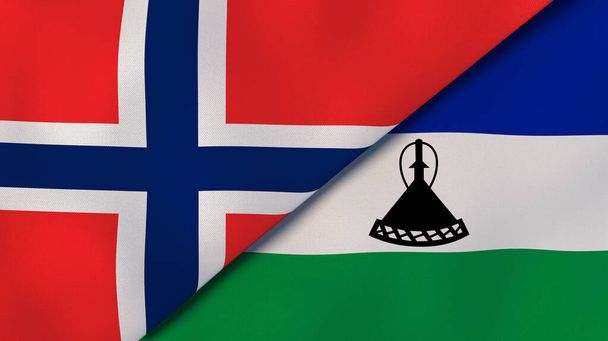 Norveç ve Lesotho 'nun iki bayrağı. Kaliteli bir iş geçmişi. 3d illüstrasyon - Fotoğraf, Görsel