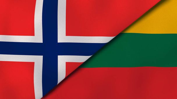 Twee vlaggen van Noorwegen en Litouwen. Hoge kwaliteit zakelijke achtergrond. 3d illustratie - Foto, afbeelding
