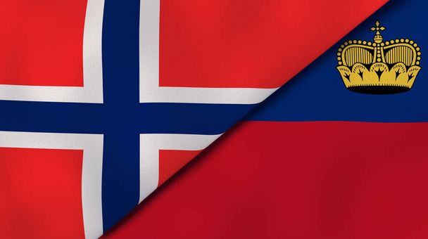 Norveç ve Lihtenştayn 'ın iki bayrağı. Kaliteli bir iş geçmişi. 3d illüstrasyon - Fotoğraf, Görsel