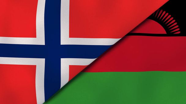 Dva státy vlajky Norska a Malawi. Vysoce kvalitní obchodní zázemí. 3D ilustrace - Fotografie, Obrázek