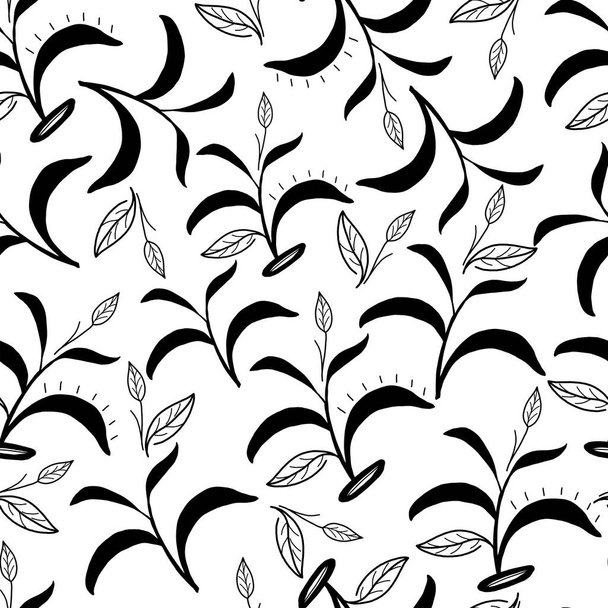 A tealevelek zökkenőmentes mintája fekete-fehér. Csomagolópapír, textil, ágynemű, tapéta, csomagolóanyag tervezéséhez - Vektor, kép