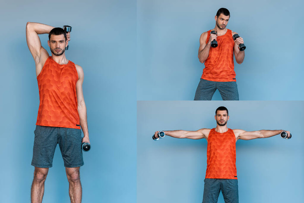 collage de deportista barbudo ejercitándose con mancuernas sobre azul
  - Foto, Imagen