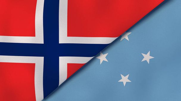 Dwie flagi stanowe Norwegii i Mikronezji. Wysokiej jakości doświadczenie biznesowe. Ilustracja 3D - Zdjęcie, obraz