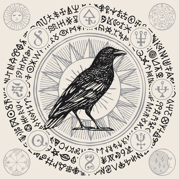 Εικονογράφηση διάνυσμα με ένα σοφό μαύρο κοράκι ή μαγικό κοράκι σε ρετρό στυλ. Χειροποίητο πανό με μαγικά σύμβολα, αποκρυφιστικά σημάδια και ρούνους γραμμένους σε κύκλο - Διάνυσμα, εικόνα