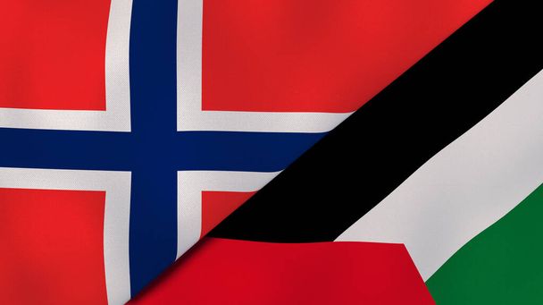 Dwa państwa bandery Norwegii i Palestyny. Wysokiej jakości doświadczenie biznesowe. Ilustracja 3D - Zdjęcie, obraz