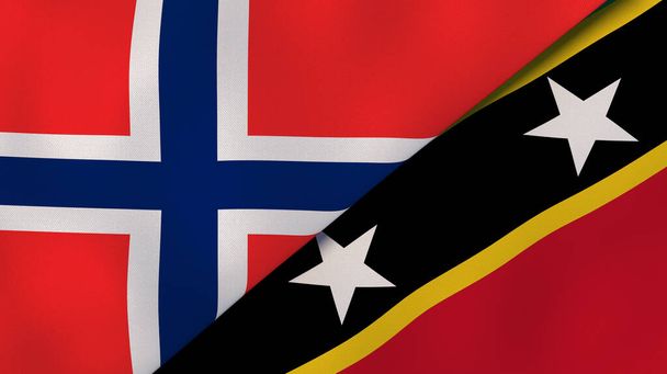 Dwie flagi Norwegii, Saint Kitts i Nevis. Wysokiej jakości doświadczenie biznesowe. Ilustracja 3D - Zdjęcie, obraz