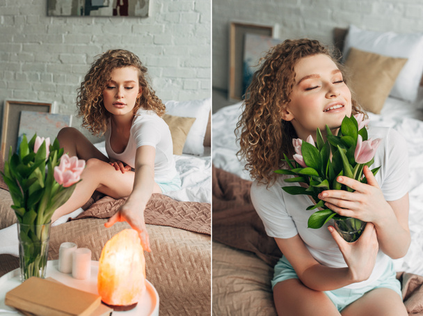 collage with curly girl holding flowers in bedroom with Himalayan salt lamp - Foto, Imagem