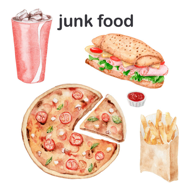 akvarell rajzok - junk food, fast food - pizza szendvics sült krumpli szóda - Fotó, kép