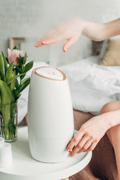 cropped view of female hands with tulips and air purifier spreading steam - Photo, Image