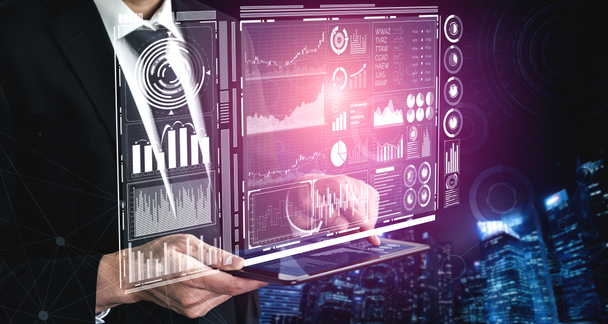 Big Data Technology for Business Finance Analytic Concept. Moderní grafické rozhraní zobrazuje masivní informace z obchodní prodejní sestavy, grafu zisků a analýzy trendů na burze na monitoru obrazovky. - Fotografie, Obrázek