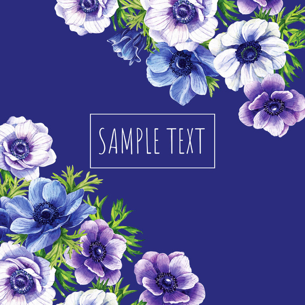 Beautiful pattern with white, blue, purple anemones - Фото, изображение