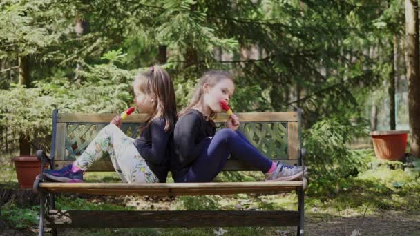 dwie siostry jedzą lody w wiosennym lesie - Materiał filmowy, wideo