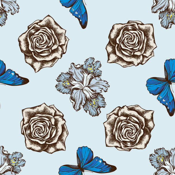 Patrón sin costura con iris japonica dibujado a mano, morfo azul, rosas
 - Vector, imagen