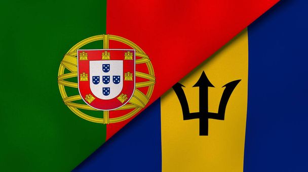 Two states flags of Portugal and Barbados. High quality business background. 3d illustration - Photo, Image