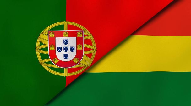 Dwa państwa bandery Portugalii i Boliwii. Wysokiej jakości doświadczenie biznesowe. Ilustracja 3D - Zdjęcie, obraz