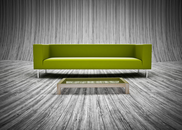 板の木製の床と装飾されたソファ セットのパターン - 写真・画像